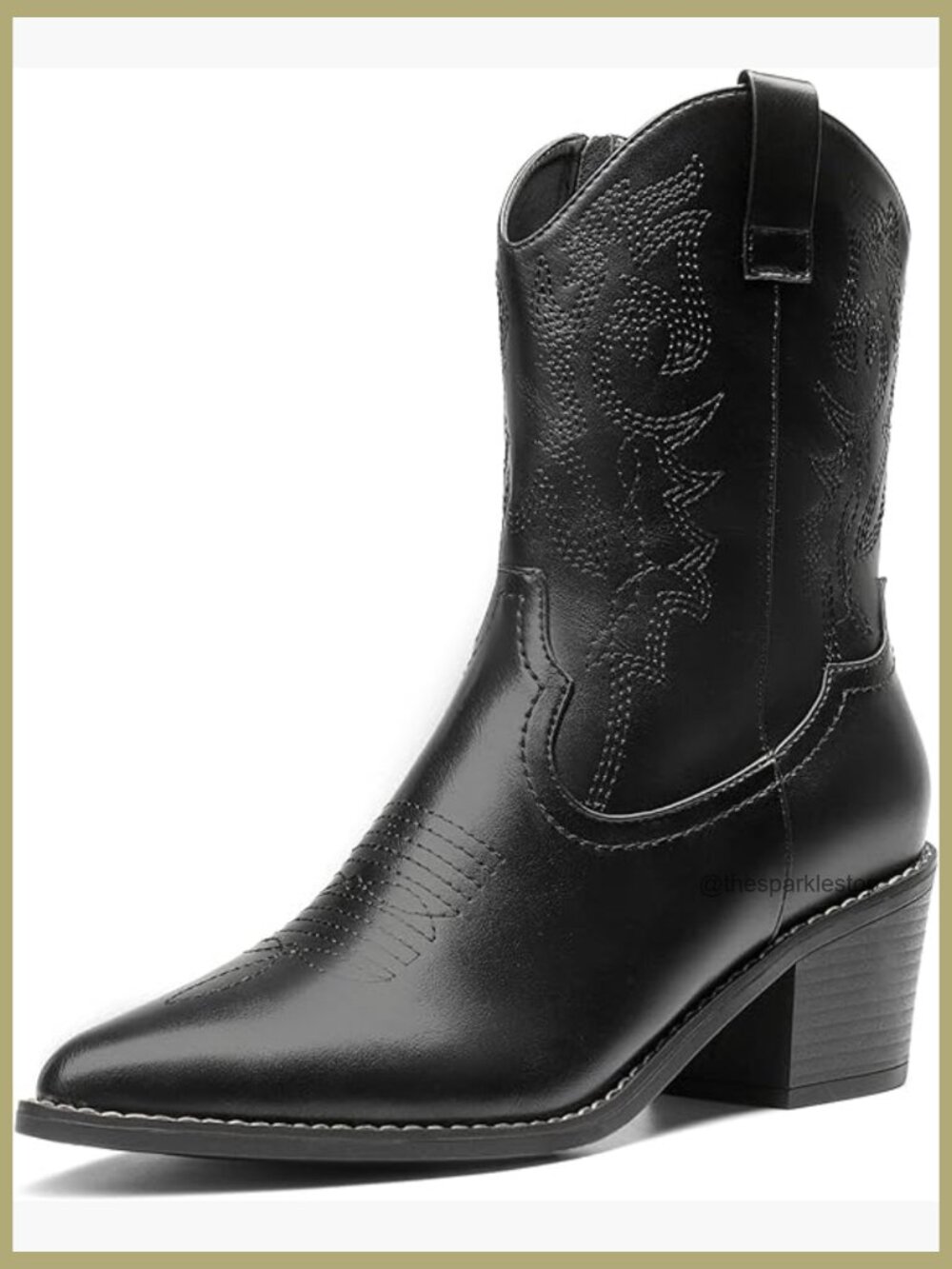 PU Leather Pointed Toe Western Ankle Boots with Chunky Heel